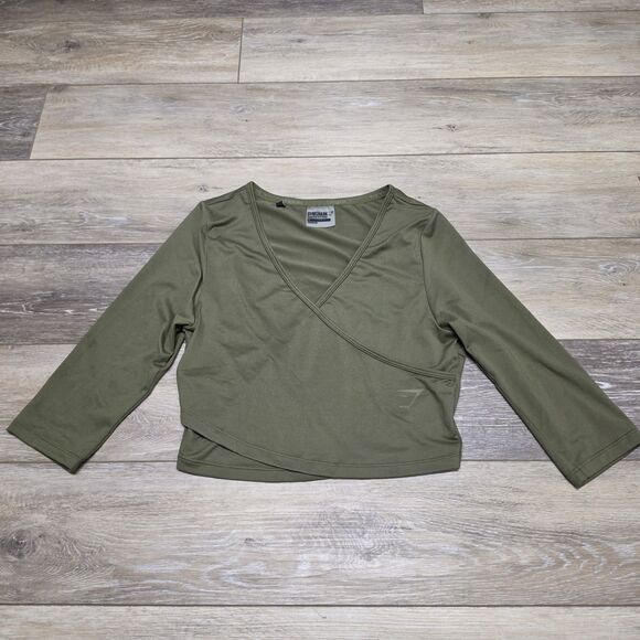 Gymshark Tops - Gymshark Green Ballet Faux Wrap Crop Top 3/4 Sleeve Women's Small Athleisure
